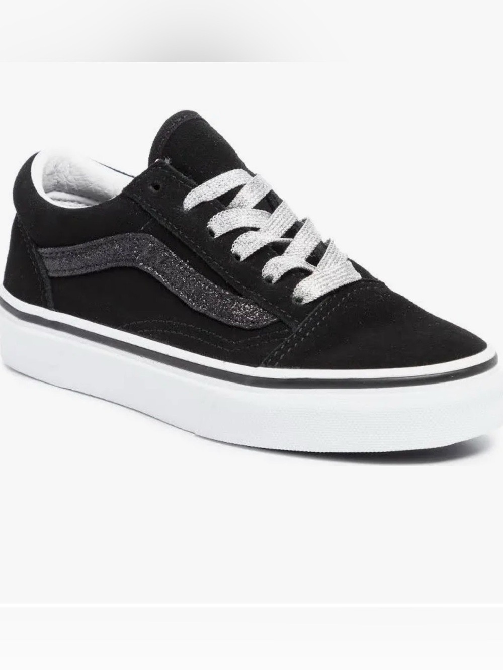 NIB Vans Little Kids Old Skool (Glitter Sidestripe) Black/True White-Size 1.5 K